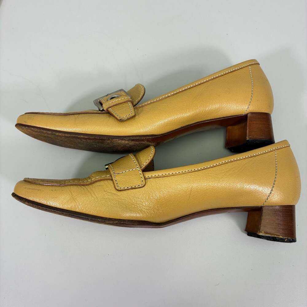 Prada Yellow Leather Buckle Block Heel Loafers Size 38 - Picture 6 of 11